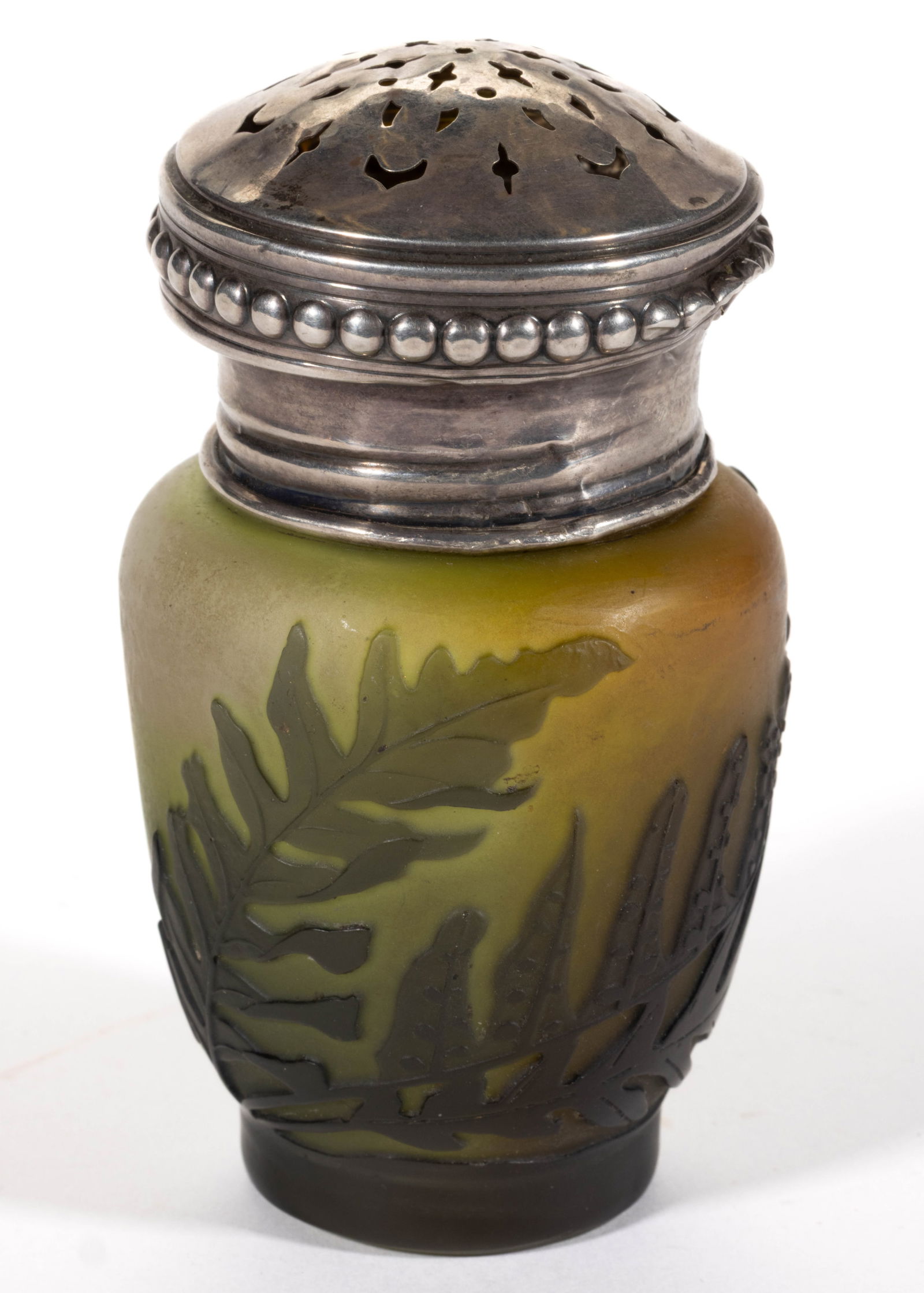 EMILE GALLE (FRENCH, 1846-1904) CAMEO ART GLASS SALT SHAKER: EMILE GALLE (FRENCH, 1846-1904) CAMEO ART GLASS SALT SHAKER, green to amber/green to colorless, urn form with a fern pattern and short circular foot, likely adapted from a vase with later added collar
