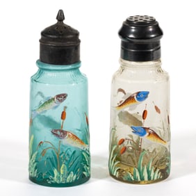 MOSER FISH POND ENAMEL DECORATED ART GLASS SALT AND PEPPER SHAKER