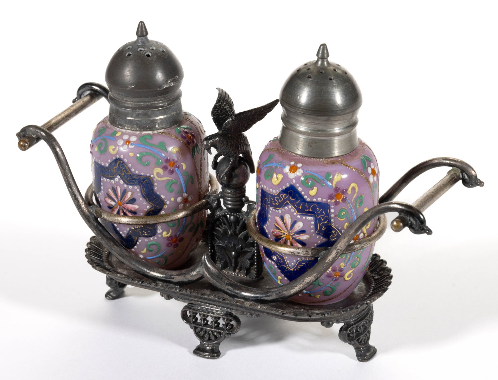 MOSER ARABESQUE ENAMEL-DECORATED ART GLASS CONDIMENT SET: MOSER ARABESQUE ENAMEL-DECORATED ART GLASS CONDIMENT SET, decorated opal with a rose ground with polychrome-enamel star motif with a floral garland encircling it, matching decoration to the reverse, e