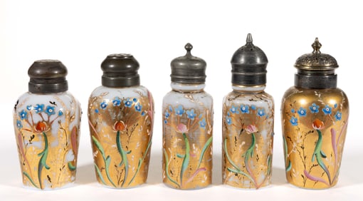 MOSER GILT GROUND ENAMEL DECORATED ART GLASS SALT AND PEPPER SHAKERS, LOT OF FIVE