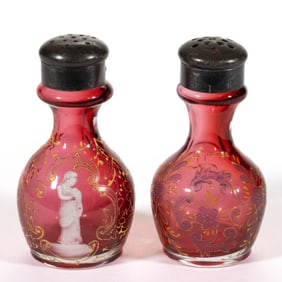 MOSER ATTRIBUTED ENAMEL DECORATION ART GLASS SALT AND PEPPER SHAKER