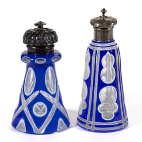 CONTINENTAL CUT DOUBLE-OVERLAY GLASS SALT AND PEPPER SHAKERS, LOT OF TWO