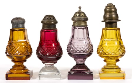 EUROPEAN CUT GLASS SALT AND PEPPER SHAKERS, LOT OF FOUR