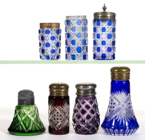 ASSORTED BRILLIANT CUT-OVERLAY GLASS SALT SHAKERS AND RELATED ARTICLES, LOT OF SEVEN