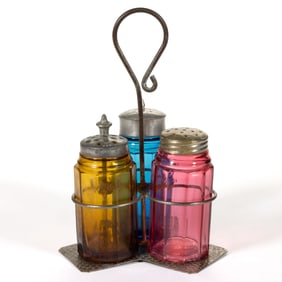 BLOWN-MOLDED TEN-PANEL CHRISTMAS SALT SHAKERS / THREE-BOTTLE CONDIMENT SET IN STAND