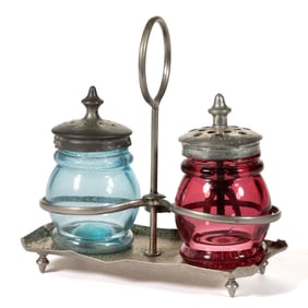 BLOWN-MOLDED CHRISTMAS SALT AND PEPPER SHAKERS IN STAND