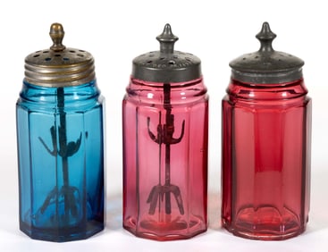 BLOWN-MOLDED TEN-PANEL CHRISTMAS SALT AND PEPPER SHAKERS, LOT OF THREE