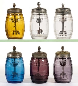 ASSORTED BLOWN-MOLDED GLASS "HOOPED BARREL" SALT AND PEPPER SHAKERS, LOT OF SIX