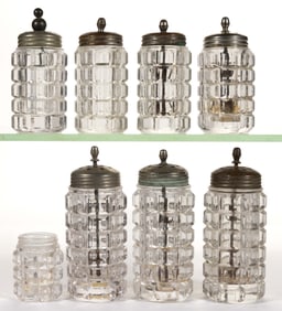 ALDEN SALT CASTER CO. PRESSED GLASS CHRISTMAS SALT SHAKERS, LOT OF EIGHT