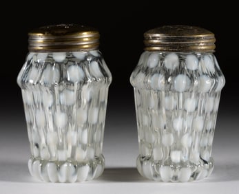 NORTHWOOD GLASS CO. RIBBED COINSPOT OPALESCENT GLASS SALT AND PEPPER SHAKER