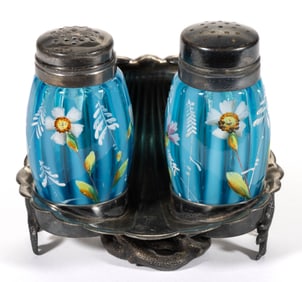 VICTORIAN STRIPE OPALESCENT ENAMEL-DECORATED SALT AND PEPPER SHAKER IN STAND