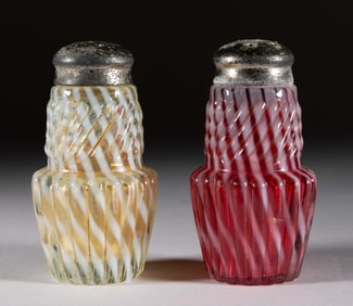 CHRYSANTHEMUM SWIRL OPALESCENT GLASS SALT AND PEPPER SHAKERS, LOT OF TWO