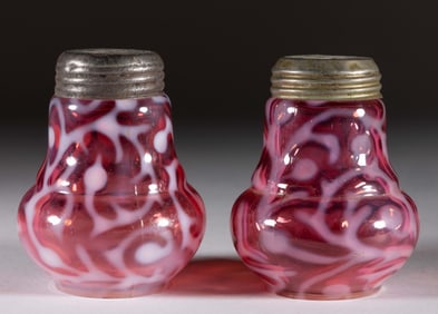 SEAWEED / CORAL REEF - BULBOUS BASE OPALESCENT GLASS SALT AND PEPPER SHAKERS, LOT OF TWO