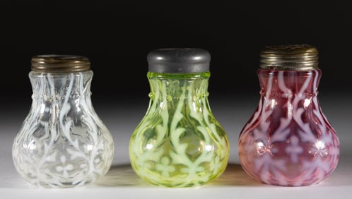 OPALINE BROCADE / SPANISH LACE - RIBBON-TIE MOLD SALT AND PEPPER SHAKERS, LOT OF THREE