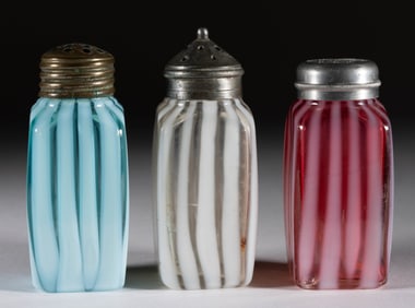 SQUARE STRIPE OPALESCENT GLASS SALT AND PEPPER SHAKERS, LOT OF THREE