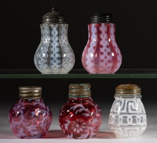 ASSORTED VICTORIAN OPALESCENT GLASS SALT AND PEPPER SHAKERS, LOT OF FIVE