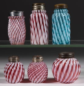 ASSORTED VICTORIAN OPALESCENT SWIRL PATTERN GLASS SALT AND PEPPER SHAKERS, LOT OF SIX