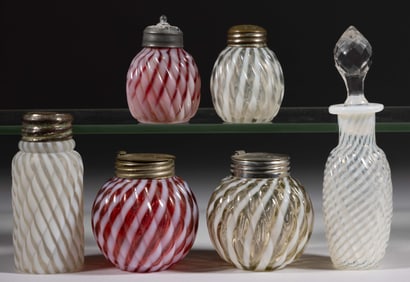 ASSORTED VICTORIAN OPALESCENT SWIRL PATTERN GLASS CONDIMENT ARTICLES, LOT OF SIX