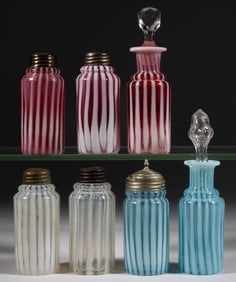 ASSORTED VICTORIAN OPALESCENT STRIPE PATTERN GLASS CONDIMENT ARTICLES, LOT OF SEVEN