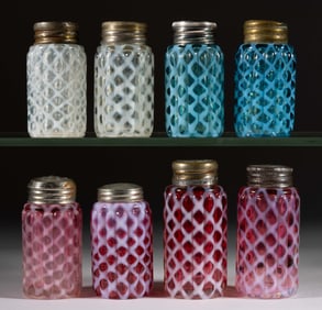 ASSORTED VICTORIAN OPALESCENT LATTICE PATTERN GLASS SALT AND PEPPER SHAKERS, LOT OF EIGHT