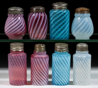 ASSORTED SWIRL OPALESCENT GLASS SALT AND PEPPER SHAKERS, LOT OF EIGHT