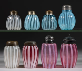 ASSORTED VICTORIAN OPALESCENT STRIPE PATTERN GLASS CONDIMENT ARTICLES, LOT OF EIGHT