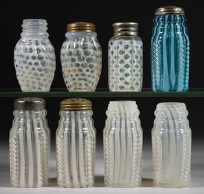 ASSORTED VICTORIAN OPALESCENT GLASS SALT AND PEPPER SHAKERS, LOT OF EIGHT