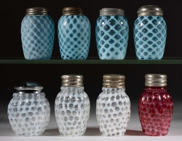 ASSORTED VICTORIAN OPALESCENT LATTICE PATTERN GLASS SALT AND PEPPER SHAKERS, LOT OF EIGHT