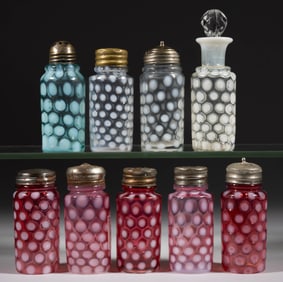 ASSORTED VICTORIAN OPALESCENT COIN SPOT GLASS CONDIMENT ARTICLES, LOT OF NINE