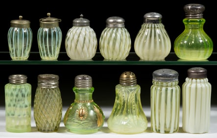 ASSORTED VASELINE OPALESCENT GLASS SALT AND PEPPER SHAKERS, LOT OF 12