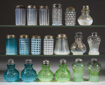 ASSORTED PRESSED OPALESCENT GLASS SALT AND PEPPER SHAKERS, LOT OF 19