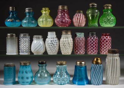 ASSORTED VICTORIAN OPALESCENT GLASS SALT AND PEPPER SHAKERS, LOT OF 22