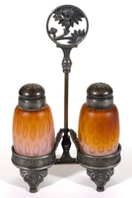 PHOENIX ATTRIBUTED RAINDROP AIR-TRAP MOTHER-OF-PEARL ART GLASS SALT AND PEPPER SHAKERS IN STAND