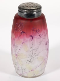 VICTORIAN ENAMEL-DECORATED RAINDROP AIR-TRAP MOTHER-OF-PEARL ART GLASS SUGAR SHAKER