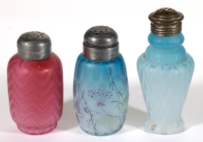 VICTORIAN AIR-TRAP MOTHER-OF-PEARL ART GLASS SALT AND PEPPER SHAKERS, LOT OF THREE