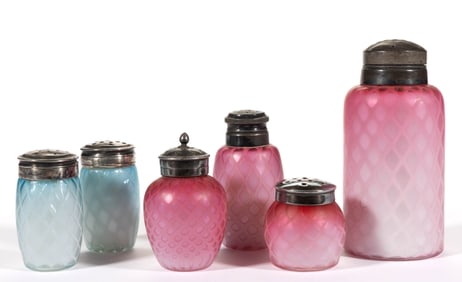 VICTORIAN DIAMOND-QUILT AIR-TRAP MOTHER-OF-PEARL ART GLASS CONDIMENT ARTICLES, LOT OF SIX