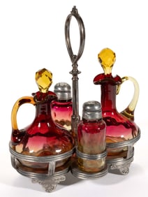 VICTORIAN AMBERINA SPOT-OPTIC GLASS FOUR-BOTTLE CONDIMENT SET