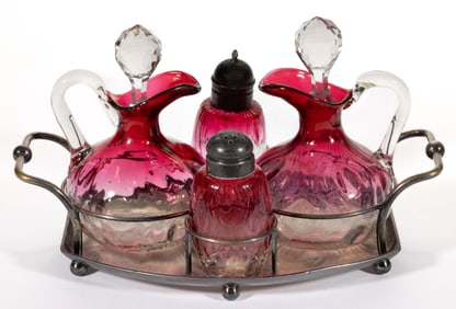 VICTORIAN MOIRE-OPTIC / COQUETTE GLASS FOUR-BOTTLE CONDIMENT SET