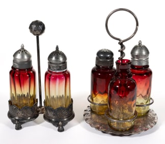 VICTORIAN AMBERINA OPTIC GLASS CONDIMENT ARTICLES, LOT OF TWO