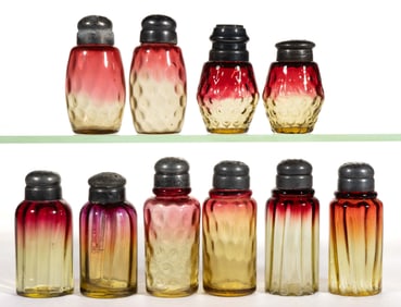 VICTORIAN AMBERINA OPTIC PATTERN GLASS SALT AND PEPPER SHAKERS, LOT OF TEN
