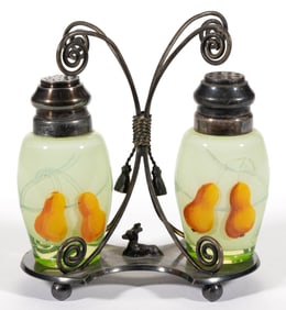 MT. WASHINGTON UNLISTED PEARS ENAMEL DECORATED ART GLASS SALT AND PEPPER SHAKER IN STAND