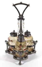 MT. WASHINGTON HONEYCOMB-OPTIC RIGAREE FLOWERS GLASS THREE-BOTTLE CONDIMENT SET