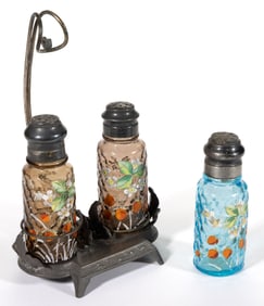 MT. WASHINGTON STRAWBERRIES HONEYCOMB PILLAR ART GLASS SALT AND PEPPER SHAKER IN STAND AND LOOSE