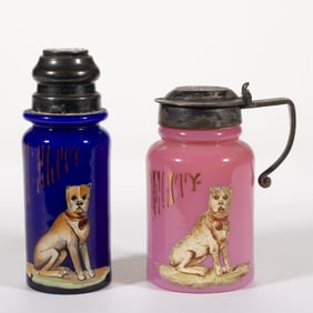 PAIRPOINT "FIDELITY" ENAMEL-DECORATED GLASS CONDIMENT ARTICLES, LOT OF TWO