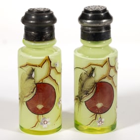 MT. WASHINGTON BIRD ARBOR - TALL ART GLASS PAIR OF SALT AND PEPPER SHAKERS