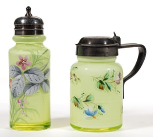 MT. WASHINGTON ENAMEL DECORATED OPAL CASED ART GLASS CONDIMENT ARTICLES, LOT OF TWO