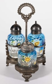 MT. WASHINGTON SPOT-OPTIC ENAMEL-DECORATED GLASS THREE-BOTTLE CONDIMENT SET