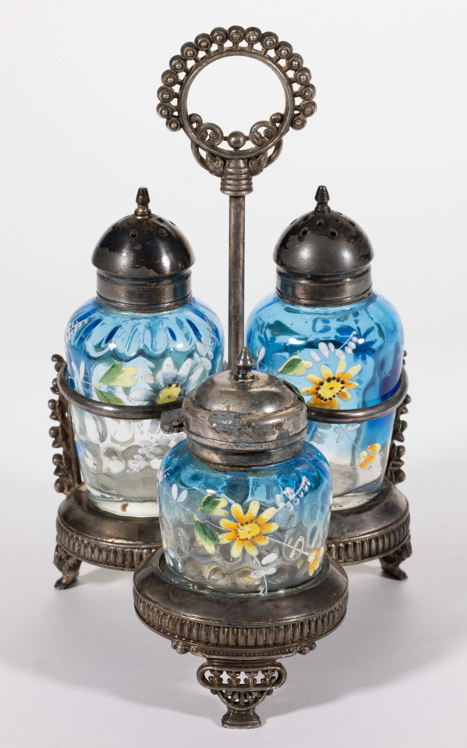 MT. WASHINGTON SPOT-OPTIC ENAMEL-DECORATED GLASS THREE-BOTTLE CONDIMENT SET: MT. WASHINGTON SPOT-OPTIC ENAMEL-DECORATED GLASS THREE-BOTTLE CONDIMENT SET, (updated 5/15/2025) blurina with polychrome-enamel decoration, comprising a salt and pepper shaker and a mustard pot with m
