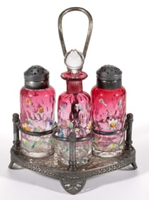 MT. WASHINGTON SPOT-OPTIC ENAMEL-DECORATED GLASS CONDIMENT SET