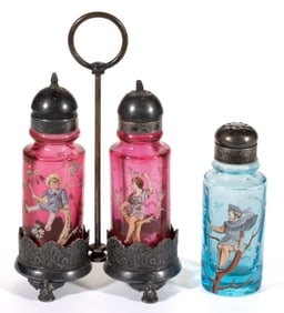 MT. WASHINGTON GIRL ON BRANCH ENAMEL-DECORATED ART GLASS CONDIMENT ARTICLES, LOT OF TWO